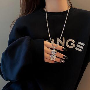 满钻小熊土酷女潮抖音同款钛钢项链女网红卫衣项链吊坠个性毛衣链