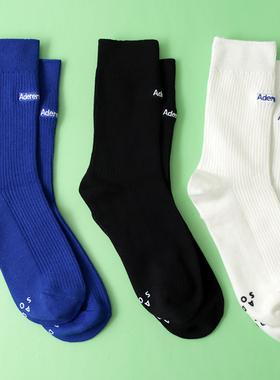 韩国潮牌ADER基础蓝白黑双针刺绣设计师街头情侣运动中筒袜子男女