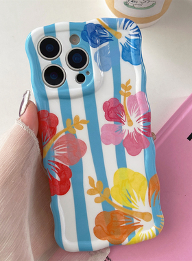 蓝色条纹花朵波浪适用iPhone15苹果16Promax手机壳16硅胶14Pro女13新款网红同款16Pro防摔套15Promax潮
