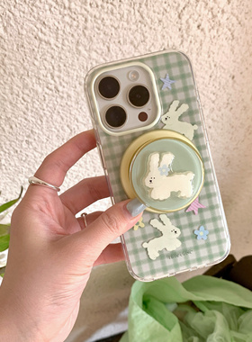 韩系ins绿色格纹兔子磁吸支架适用苹果16手机壳iphone15promax新款14双层13防摔保护套15超好看可爱16Promax
