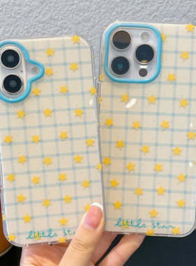 黄色星星格纹适用iPhone15苹果16Promax手机壳14新款13防摔套16女17pro新款个性15promax