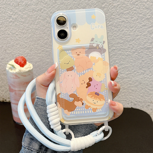 日韩可爱小熊插卡包适用iPhone15苹果16Promax手机壳14带挂绳13女