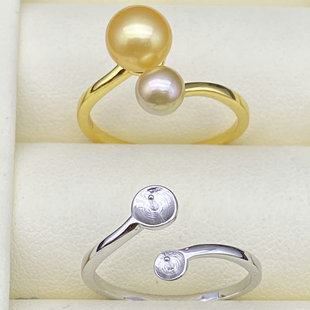 源头工厂s925纯银珍珠戒指空托配件蜜蜡指环diy活口调节双珠银戒
