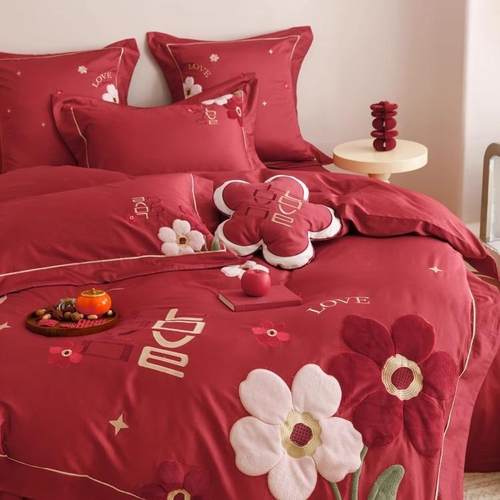 1新中式婚庆四件套全棉100支长绒棉刺绣花卉喜被套红色结婚床单品