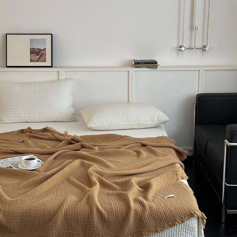 轻奢A类褶皱流苏毛巾被夏季薄款纯棉四层纱布被子 柔软床单毛盖毯