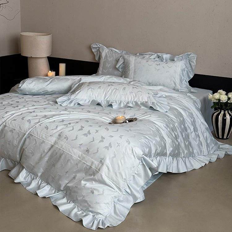 法式风全棉超柔四件套蝴蝶厚织提花蕾丝纯棉被套床上用品蓝粉色