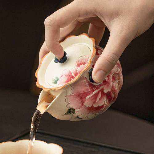 岩矿白陶瓷茶壶描金牡丹花口手抓壶单壶新中式高级茶具单个泡茶器