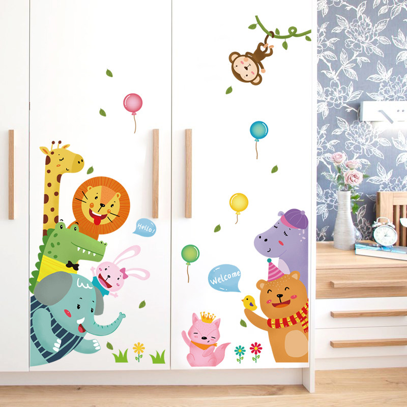 卡通小动物门贴欢迎光临门窗贴纸店铺玄关卧室幼儿园装饰墙贴壁画