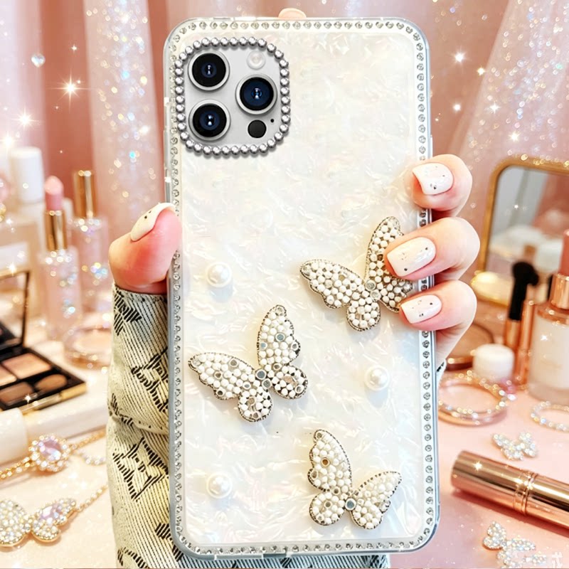 闪钻贝壳蝴蝶适用苹果iPhone16promax手机壳防摔14Pro女款SE(第三代)/2026年11Pro夏天8全包6s巨好看11新款12