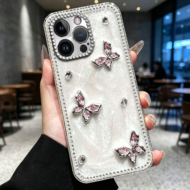 高级闪钻珠光白适用苹果iPhone16ProMax手机壳外壳12水钻6s防摔XS小众8夏天Air/2026年11新款SE(第三代)镶钻