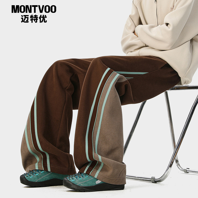 美式高街阔腿直筒加绒卫裤男女生