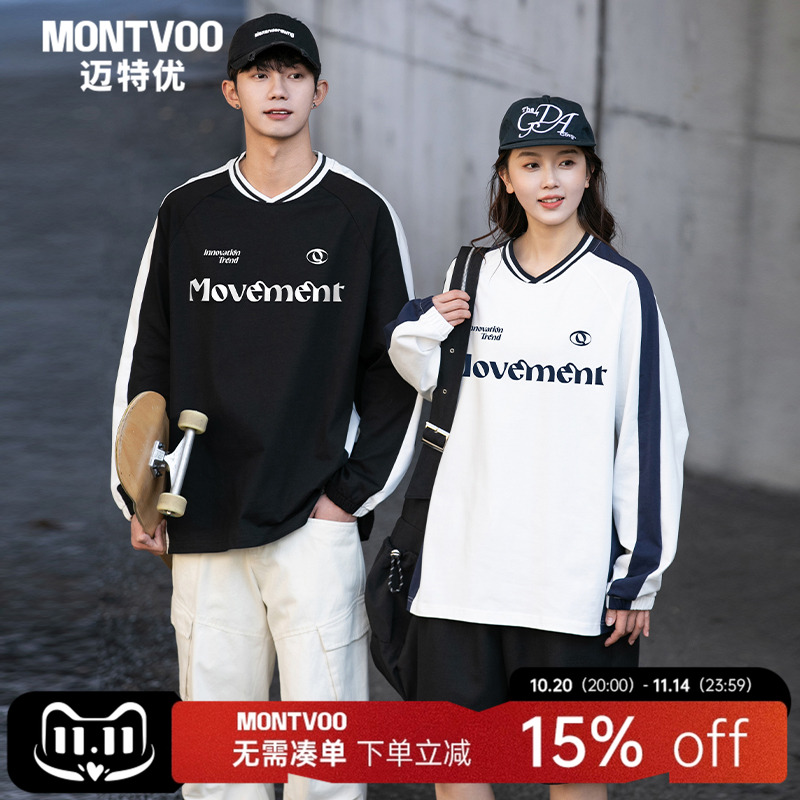 迈特优美式复古足球服卫衣男女春季情侣宽松潮流圆领长袖T恤