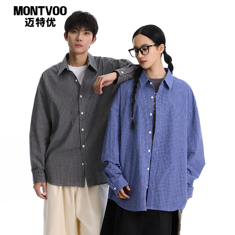 美式复古格子长袖衬衫情侣外套
