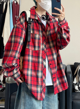 迈特优红色格子长袖衬衫男女秋季美式复古休闲衬衣情侣外套