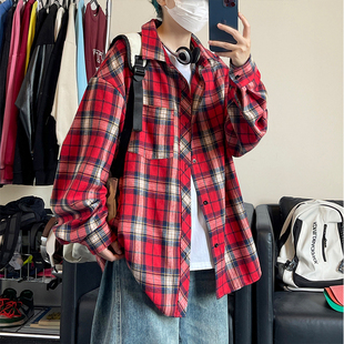 迈特优红色格子长袖衬衫男女秋季美式复古休闲衬衣情侣外套