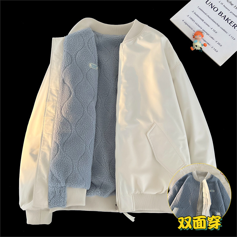 迈特优两面穿仿羊羔绒棉衣外套男秋冬季新款潮牌棒球服加厚棉服