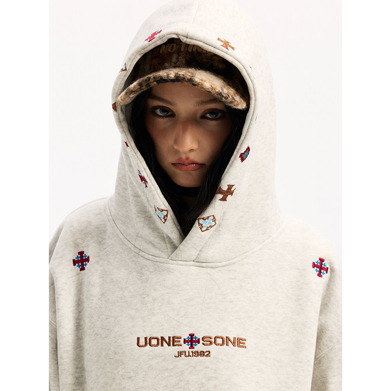 迈特优冬季加绒重磅连帽卫衣男女潮牌宽松民族风刺绣运动帽衫外套