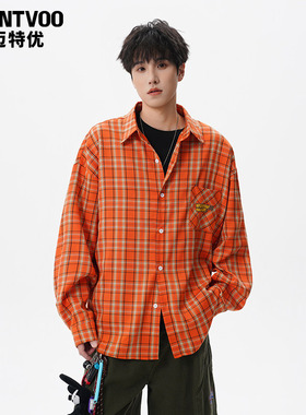 迈特优美式复古橙色格子衬衫男士春季情侣款宽松休闲长袖衬衣外套