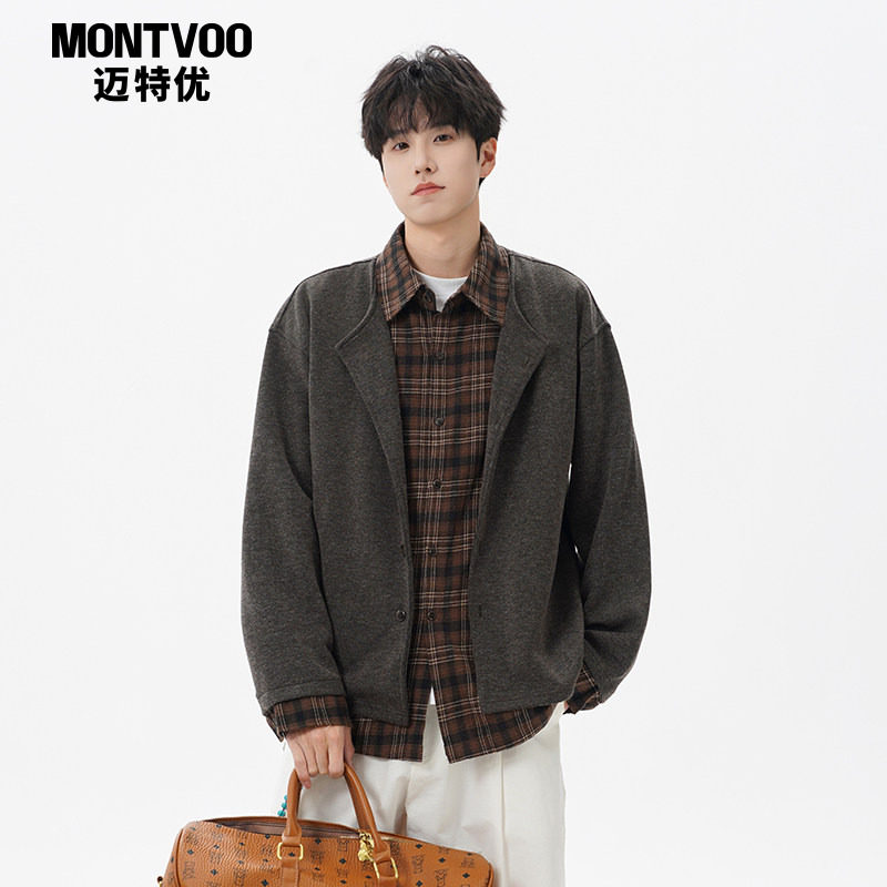 迈特优老钱风假两件格纹拼接针织衫男春季设计感开衫宽松夹克外套,男装,衬衫,淘宝优惠券,粉丝福利购,淘宝优惠卷