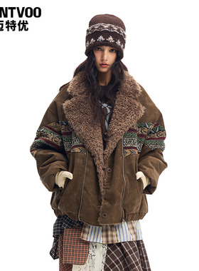 迈特优棕色加厚冬外套男女费尔岛麂皮拼接羊羔毛宽松加厚保暖棉衣