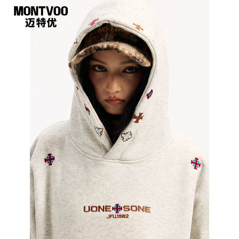 迈特优冬季加绒重磅连帽卫衣男女潮牌宽松民族风刺绣运动帽衫外套