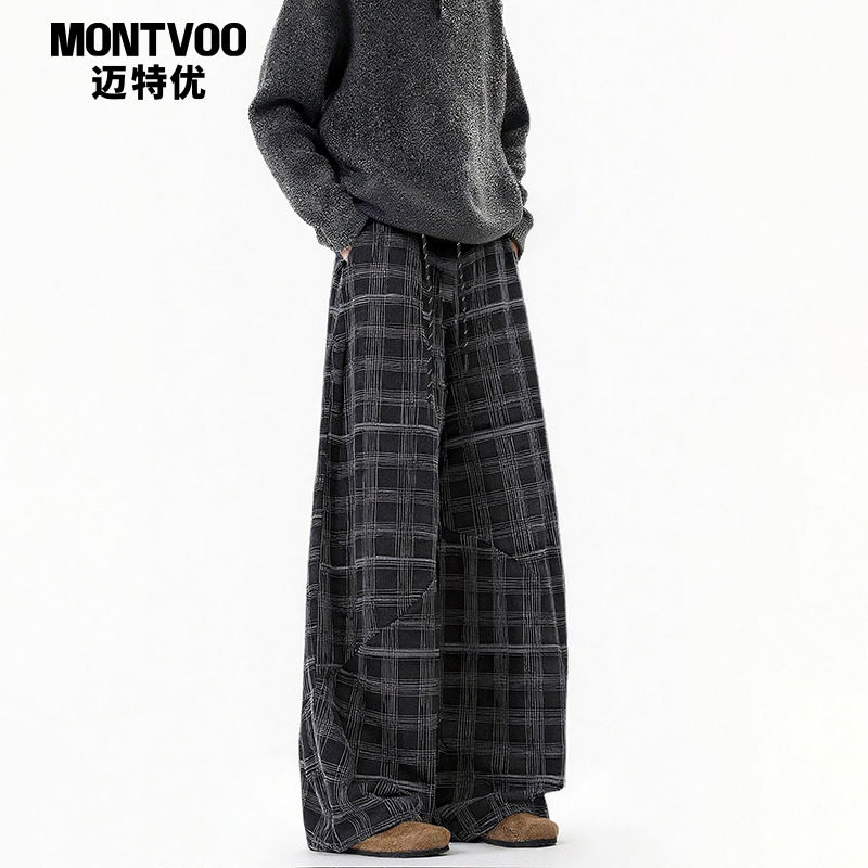 迈特优美式格子休闲卫裤男秋冬季阔腿复古运动裤潮牌直筒加绒裤子