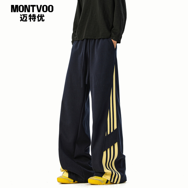条纹撞色阔腿卫裤男女秋季hiphop