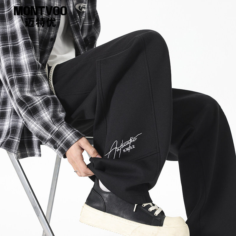 迈特优重磅弯刀运动卫裤男女春美式潮牌刺绣钢印大码宽松拖地裤子