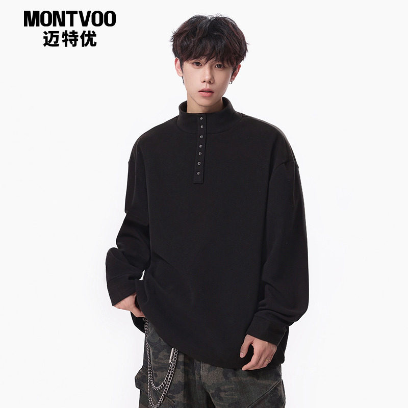 迈特优半高领德绒长袖t恤男秋冬美式高街铆钉卫衣保暖内搭打底衫