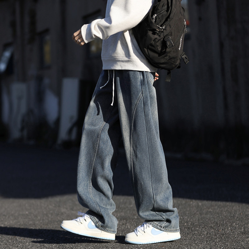 迈特优高街弯刀牛仔裤子男秋季新款宽松复古美式直筒阔腿长裤