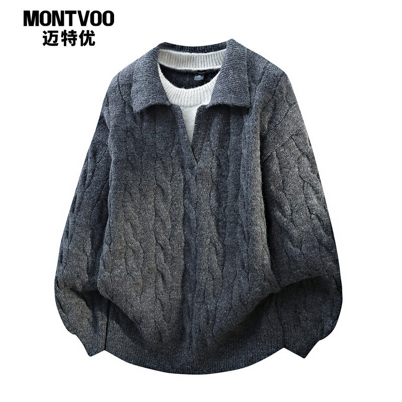 迈特优法式复古麻花假两件翻领毛衣男款秋冬季宽松慵懒针织衫上衣