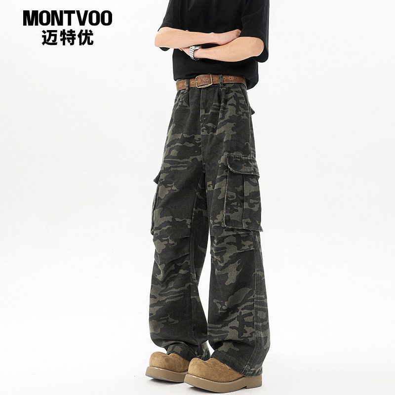迈特优美式高街迷彩裤多口袋工装裤男潮牌复古阔腿百搭直筒休闲裤