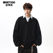 新款 迈特优假两件条纹衬衫 领套头卫衣男春秋季 boxy短宽学院风上衣