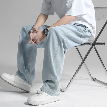 美式直筒牛仔裤男夏季薄款潮牌宽松D坠感阔腿垂感拖地长裤休闲裤