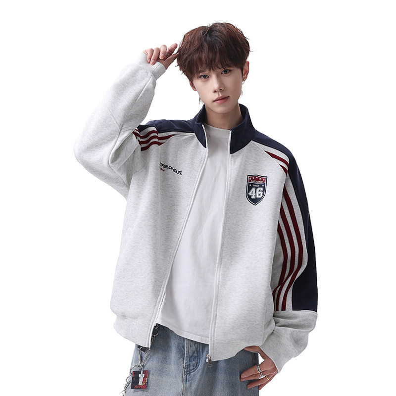 迈特优条纹撞色立领开衫外套男生春秋美式立领男款运动卫衣棒球服