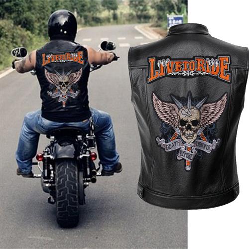 Mens Leather Motorcycle Vest Embroidery Skull Jacket Men Spr