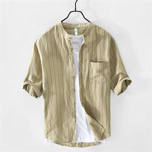 Spring and summer new mens casual linen striped short-sleev