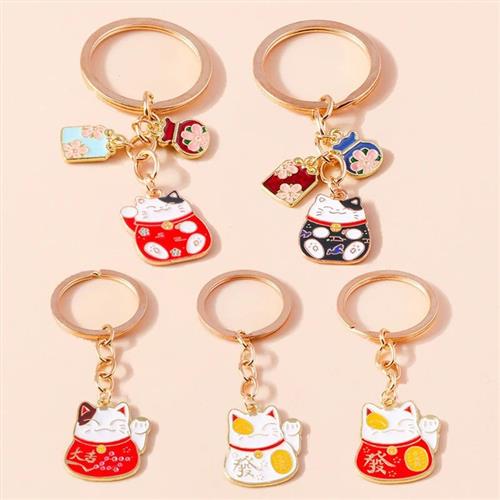Cute Enamel Lucky Cat Keychain Japanse Sakura Fortune Bag Ke