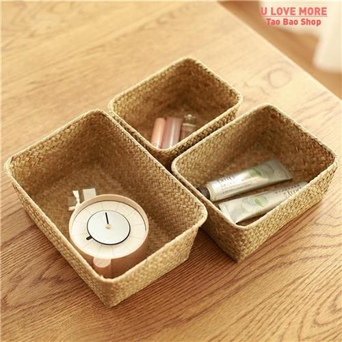 Woven Seagrass Storage Baskets Straw Rattan Basket Desk Orga