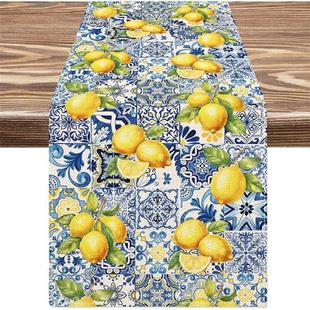 Holiday Lemon Tiles Linen Summer Party Runner Table Decor
