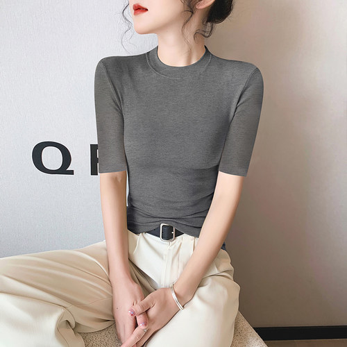 针织灰色小高领中袖T恤女内搭