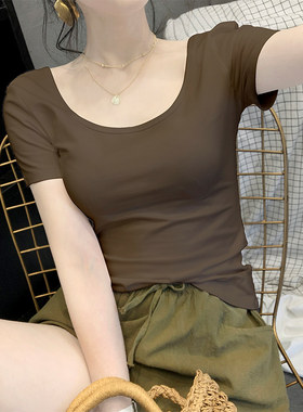 咖色莫代尔T恤女低领短袖