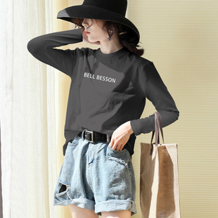 烟灰色纯棉半高领打底衫女秋冬新款字母印花长袖T恤宽松内搭上衣