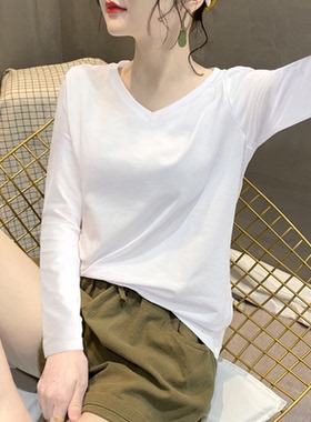 2023新款V领宽松纯棉白色长袖t恤打底衫女士秋冬气质显瘦内搭上衣