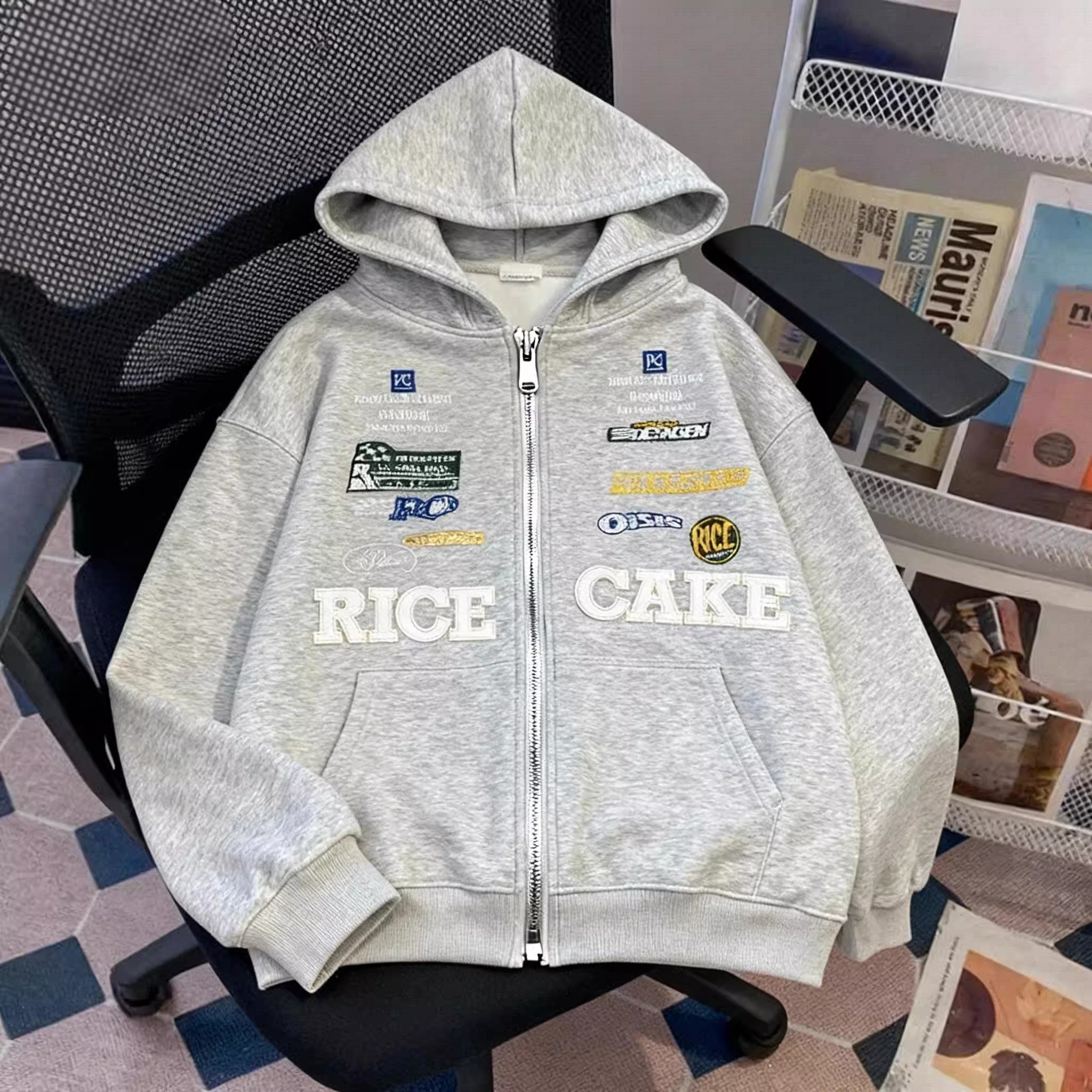 大码美式刺绣连帽开衫卫衣男