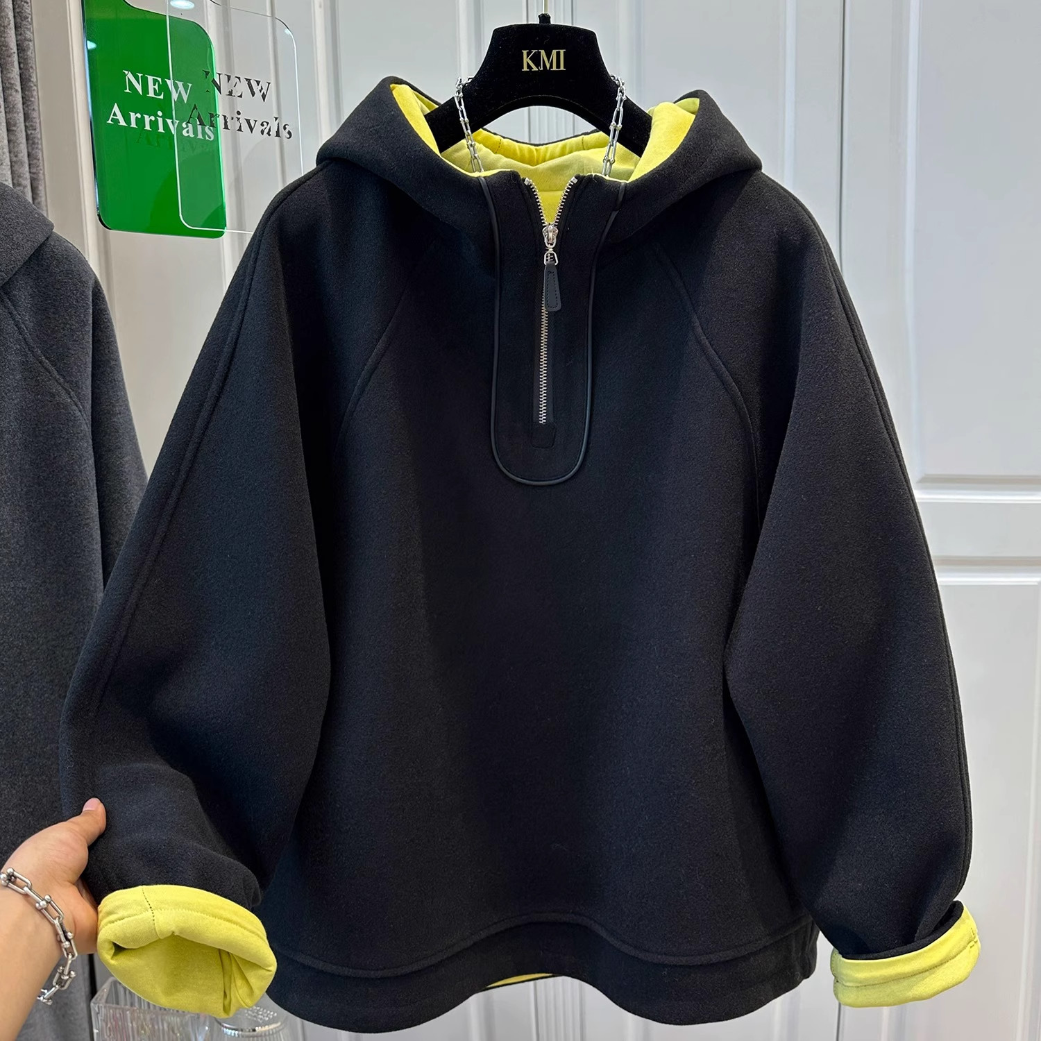 大码连帽半拉链菱格夹棉卫衣男女