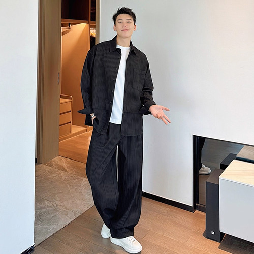 大码300斤套装褶皱感长袖衬衫男