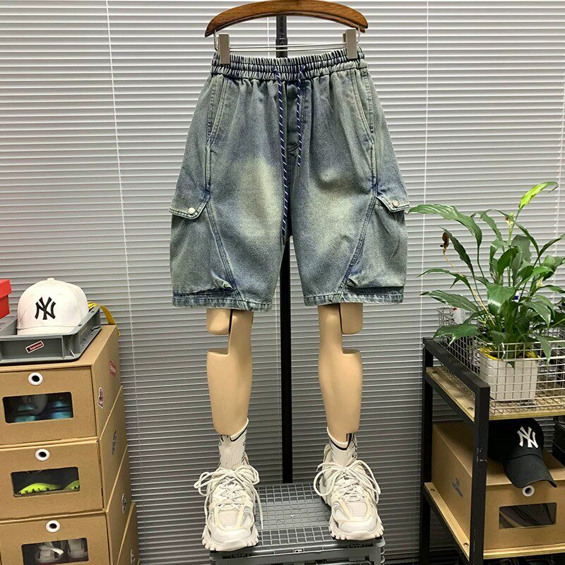大码300斤男工装牛仔五分短裤图片