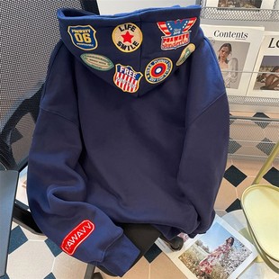 复古休闲上衣 高街徽章贴布绣重磅连帽卫衣男女秋季 大码 300斤美式