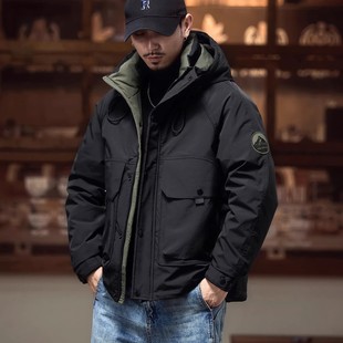 大码美式复古工装羽绒服男士冬季新款宽松90鸭绒加厚保暖连帽外套